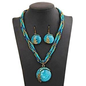 Tribal Chunky Blue & Green Stone Pendant Set Festival Resort Bohemian Jewelry